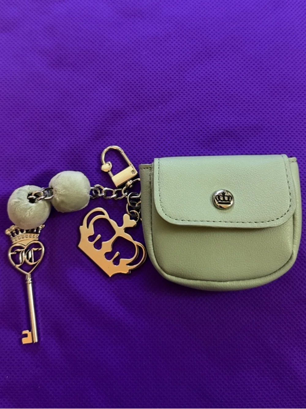 Mini Green Leather Key Pouch with Crown Charm